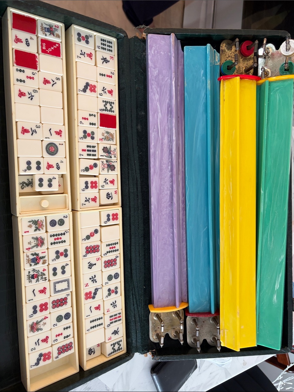 Classic vintage Mahjong Set with Colorful Tile Racks - Yellow, Teal, Purple